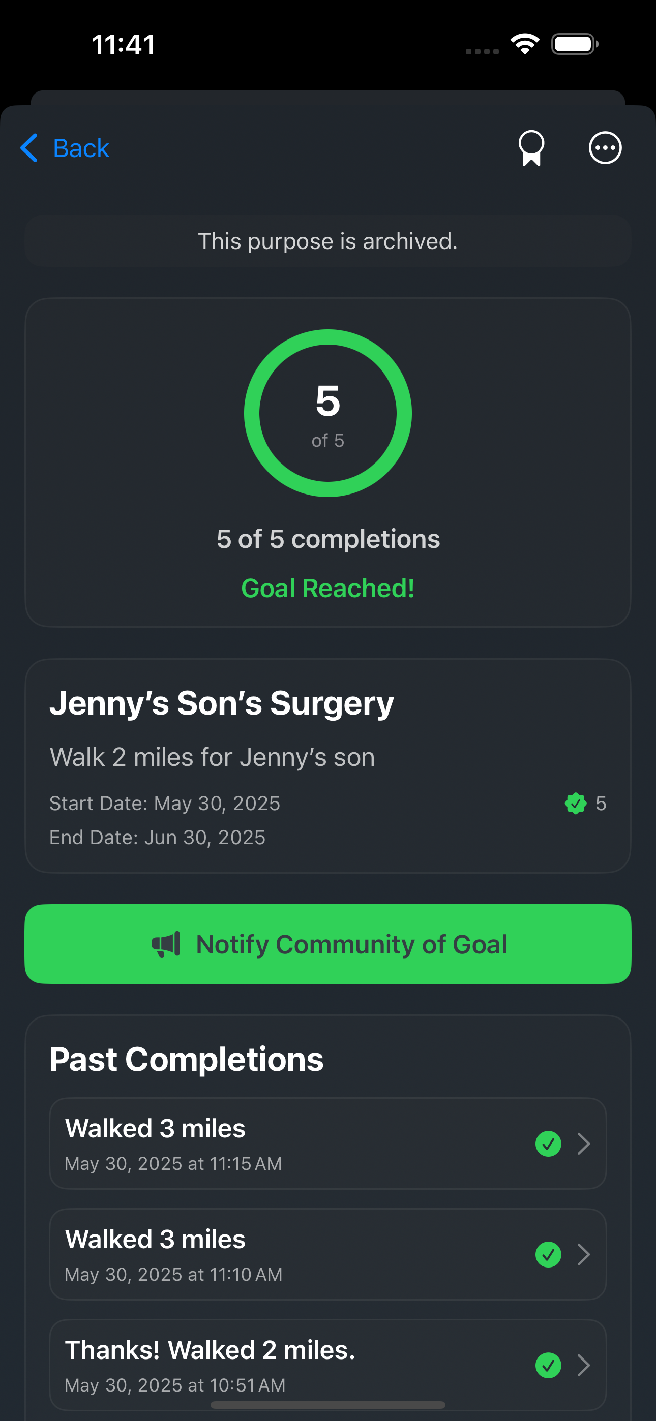 Completed Purpose screen